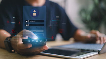 Businessman accessing secure login interface on smartphone with digital padlock, cyber security concept, data protection, identity authentication, and online safety.