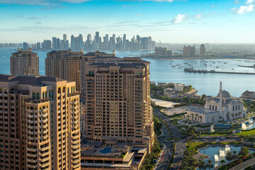 Doha, Qatar - July 01, 2024: Aerial view of Pearl Qatar Porto Arabia Doha Qatar 