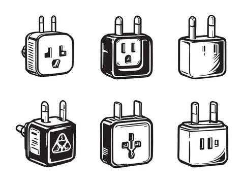 set of 6 psc different type of Travel adapter clear vision simple dark black line art on white.eps