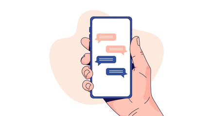 Hand Holding Smartphone Displaying Text Messages;  Blue Device, Pink and Blue Chat Bubbles