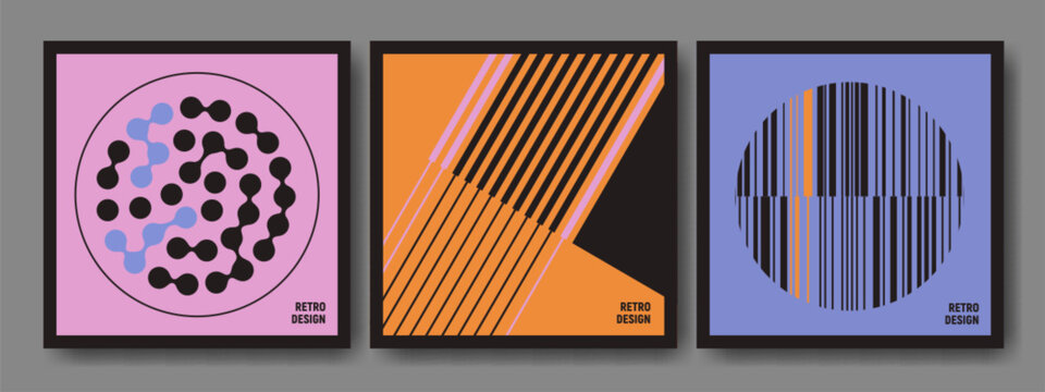 Abstract retro brutalist design posters - minimalist geometric compositions with metaball dots and vertical bars. Bold graphic layouts for modern covers, branding or architectural presentations.