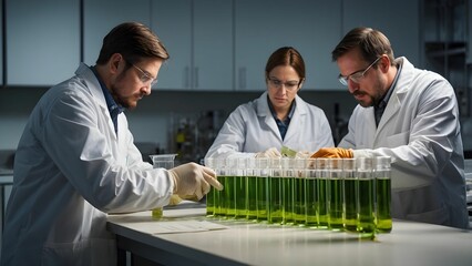 Scientists conduct research on green algae in a laboratory setting during daytime hours with various test tubes and equipment on the table Generative AI