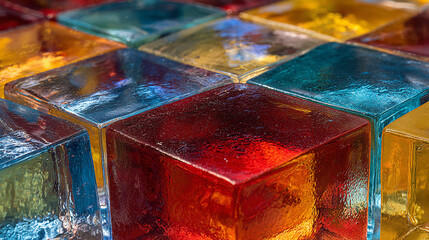A colorful mosaic of glass squares, each with its own unique color and pattern, arranged in an abstract grid on the wall, creating a visually appealing and textured backdrop.