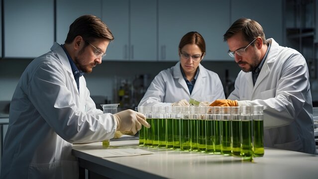 Scientists conduct research on green algae in a laboratory setting during daytime hours with various test tubes and equipment on the table Generative AI