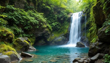 Tropical waterfall cascading into turquoise pool surrounded by lush greenery

