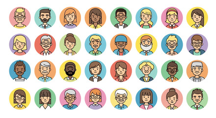 Fototapeta premium Diverse Set of 30 Colorful Line Art Avatar Icons: Smiling Men and Women of Various Ages and Ethnicities
