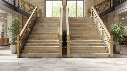 Fototapeta premium Wide indoor stairs with dual handrails, ideal for elder-friendly design