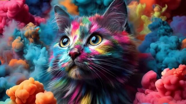 Playful feline covered in rainbow powder paints with swirling colorful pigment smoke creating magical artistic atmosphere