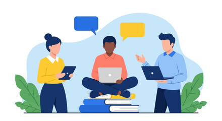 Diverse Team Collaboration with Laptops and Tablets on Books Illustration