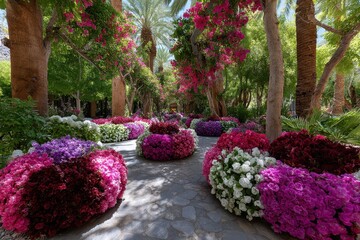 Obraz premium Vibrant flower garden filled with bougainvillea and lush greenery in sunny afternoon