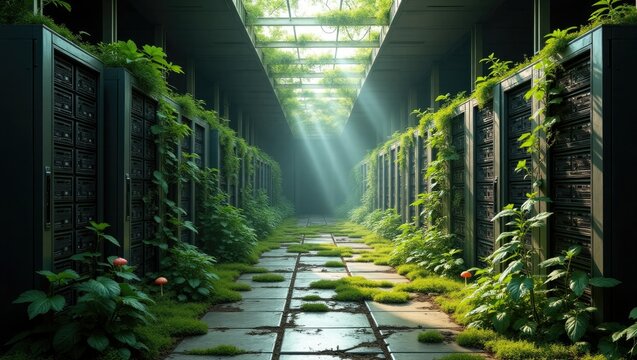 Overgrown server room sunlit pathway lush greenery nature reclaimed technology