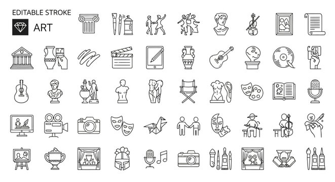Editable Stroke Art Icons  A Comprehensive Collection of  Visual Arts and Entertainment Symbols