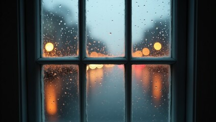 A delicate, soft-focused image of a windowpane, with rain droplets gently streaking down the glass, casting a misty veil over the blurred, shimmering city lights in the background, which seem to pulse