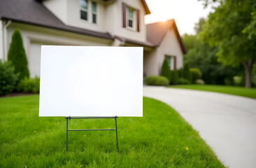 Real estate sign on the grass. Blank yard sign in green grass on the house background. Yard sign mockup