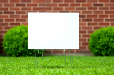 Yard sign mockup near the bushes on brick wall background. Blank yard sign on green grass