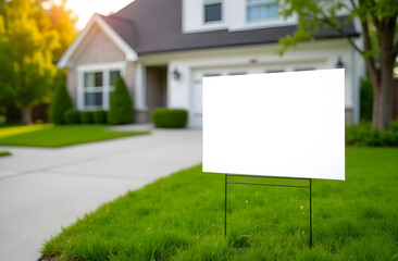 Real estate sign on the grass. Blank yard sign in green grass on the house background. Yard sign mockup