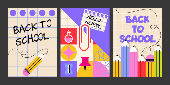 Modern back to school geometric posters collection - trendy educational designs with grid patterns, colorful shapes, pencils and science elements. Classroom decor or academic promotional materials.