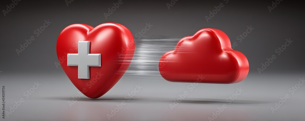 Poster in a visually compelling composition, health data flows into a cloud symbolizing cloud computing in 