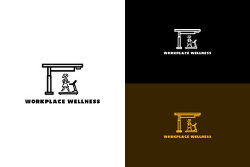 illustration of standing desk with a female walking on a treadmill, vector logo for employee health, fitness, coaching, office wellness, positive environment, workplace wellness, and more