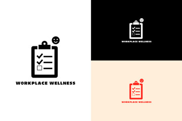 vector illustration of checklist clipboard with a smiley face, logo for employee health, corporate wellness, positive, stress management, fitness, office wellness, workplace wellness, and more