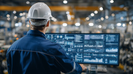 Human engineer monitoring AI-driven production line on large interactive touchscreen, graphs and alerts visible, collaboration between human and machine, modern industrial setting