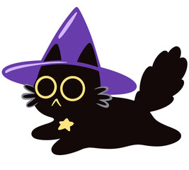 Cartoon cute flying cat witch isolated. Hand drawn illustration.