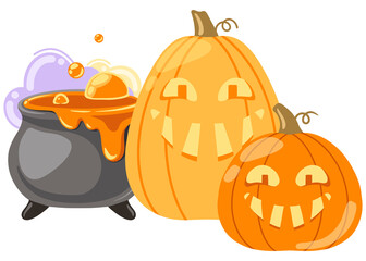 A cute hand-drawn composition with cartoon pumpkins and a witch's cauldron. Design for Halloween celebrations.