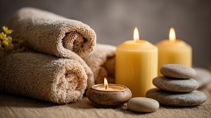 Spa arrangement rolled towels, candles, and stacked stones on a wooden surface