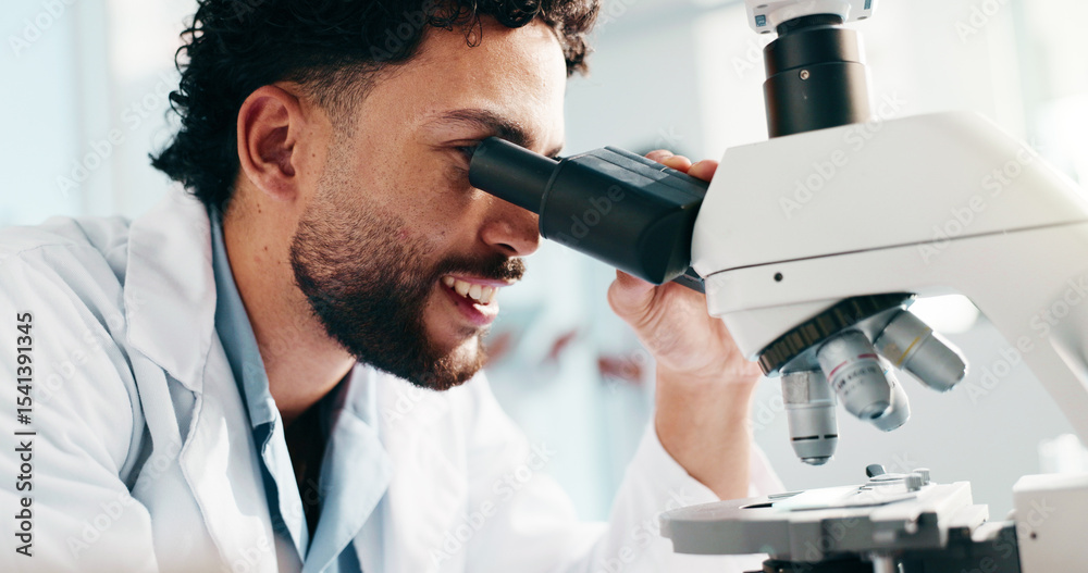 Poster lab, scientist and man with microscope, study and analysis for drug development or cure for disease.