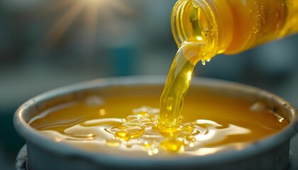 Liquid gold being poured into a container during the daytime at an industrial facility, showcasing the process of oil production and processing Generative AI