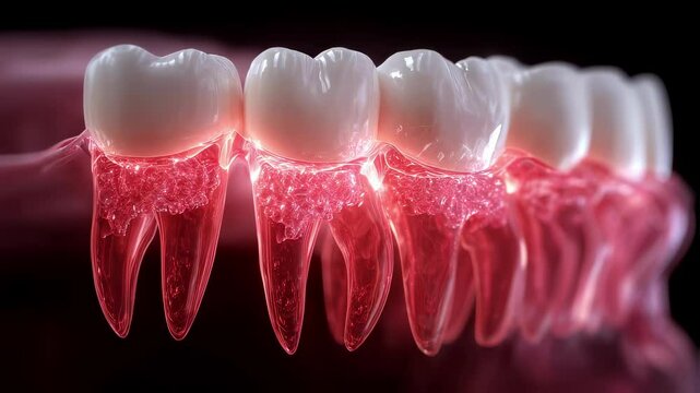 Detailed medical visualization depicting progressive gum inflammation, revealing development stages of periodontitis with visible bacterial plaque and tartar buildup around teeth roots