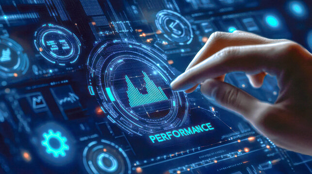 Analyzing futuristic performance data on a digital interface with touchscreen interaction