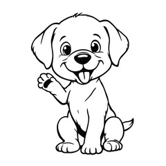 Fototapeta premium Happy Cartoon Puppy Sitting with Tongue Out and Raised Paw, Playful Black Line Vector for Kids’ Activities and Animal Lovers