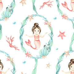 Children's seamless pattern Mermaid inside frame algae, seaweed, stars, seashell, corals underwater bubbles. Watercolor kid's illustration pastel colors isolated from background. Sea wreath template