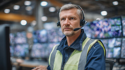 Engineer in safety vest and headset working at a remote control panel, while augmented reality overlays highlight cyber threats and system vulnerabilities on industrial equipment