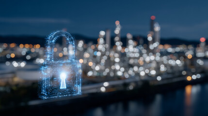 Digital lock symbol glowing overlaid on a 3D model of an oil refineryâs control system, visualizing encrypted communication and secure protocols