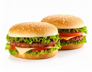 two Classic Cheeseburger with Fresh Toppings on white background 