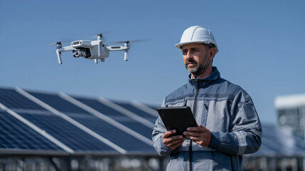 Large solar farm maintenance drones operated remotely over 5G network, flying smoothly among solar panels with bright blue sky and technician on tablet on ground