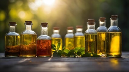 Assorted bottles of aromatic oils placed on a wooden table surrounded by greenery during golden hour, showcasing natural beauty and organic essence Generative AI