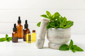 Fresh mint with mortar and pestle on wooden background. Melissa leaves. Healing herbs green mint...