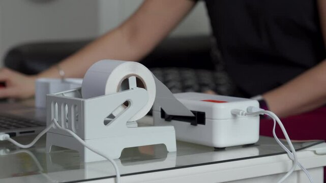 A woman efficiently uses a white label printer to streamline her business tasks, creating labels at her workspace.