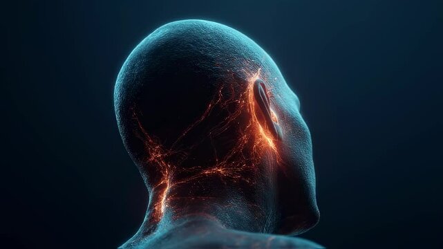 Glowing orange neural pathways radiating from ear across human head, visualizing intense sensory pain and neurological discomfort with medical imaging technique