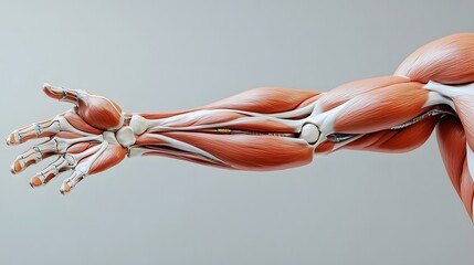 The muscular system. An athletic man with an image of skeletal muscles on his arm, gray background