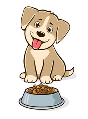 Illustration of a cute puppy with floppy ears and a light brown coat. The puppy is sitting with its tongue out, appearing happy. In front of the puppy is a bowl filled with brown dog food.