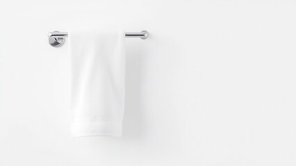 A white towel hangs neatly on a chrome hanger against a clean white wall. The minimalist composition is ideal for hotels. Simplicity and purity of forms.