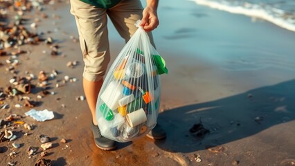 A volunteer collects plastic waste on a dirty beach, helping to clean up the coast. The scene reflects environmental concerns and the importance of participating in nature conservation.