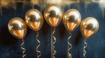 Five golden satin-sheen balloons float against a dark, luxurious texture with shimmer. Rhythmic ribbons create movement. An atmosphere of celebration and sophistication.