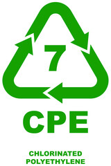 Plastic recycling code 7 for CPE, bold green triangular recycling symbol with arrows and letters CPE indicating the material.