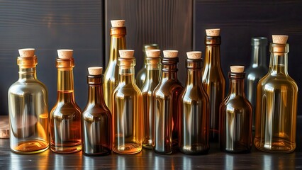Amber glass bottles with cork caps stand on a dark wooden surface. The composition conveys a vintage mood and handicraft character. Ideal for advertising natural products.