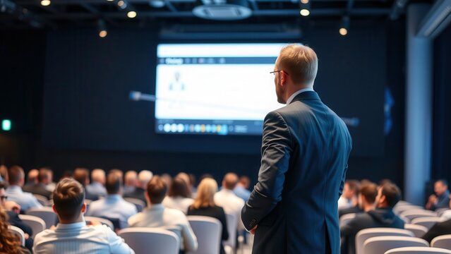 A conference attendee watches a presentation on a large screen. A room with a professional audience, a stage and visual slides. Ideal for illustrating business communication.